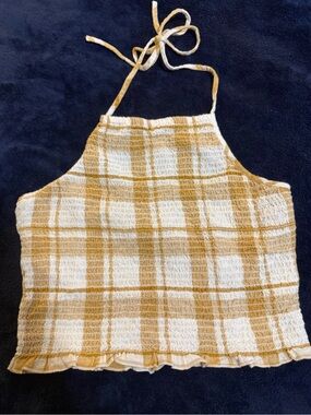 American Eagle Mustard and Cream Plaid Halter Crop Top